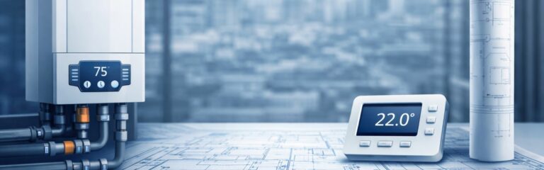 Instalación de calefacción central con caldera, termostato digital y planos técnicos en entorno profesional.