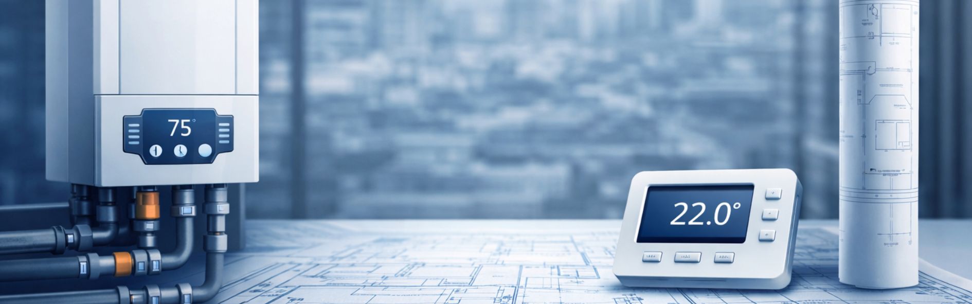 Instalación de calefacción central con caldera, termostato digital y planos técnicos en entorno profesional.